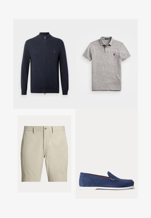 Marineblauer Reißverschluss-Cardigan aus geripptem Stoff, mit hohem Kragen, langen Ärmeln und einem kleinen Logo auf der linken Brust.; Graues Polohemd aus weicher Baumwolle, mit traditionellem Kragen, zwei Knöpfen und einem kleinen schwarzen Logo auf der linken Brust.; Beige knielange Shorts mit Gürtelschlaufen, Knopfverschluss und Reißverschluss, vor weißem Hintergrund dargestellt.; Blauer Wildleder-Slipper mit weißer Sohle und beiger Naht am oberen Rand, dargestellt vor einem schlichten weißen Hintergrund.