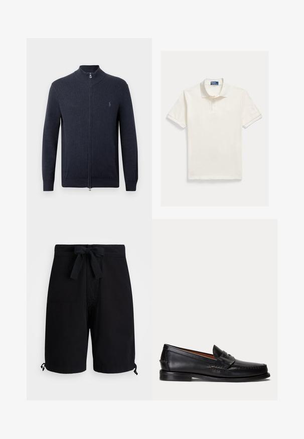 Marineblauer Reißverschluss-Cardigan aus geripptem Stoff, mit hohem Kragen, langen Ärmeln und einem kleinen Logo auf der linken Brust.; Kurzärmeliges Poloshirt in Creme, aus strukturiertem Baumwollstoff, mit geripptem Kragen, dreiknöpfiger Leiste und kleinem Logo am Saum.; Schwarze Badehose aus leichtem Stoff, mit einem Kordelzug an der Taille und verstellbaren Toggle-Details an den Säumen.; Schwarzer Lederloafer mit niedrigem Absatz und Pennyriemendetail, von der Seite auf hellgrauem Hintergrund gezeigt.