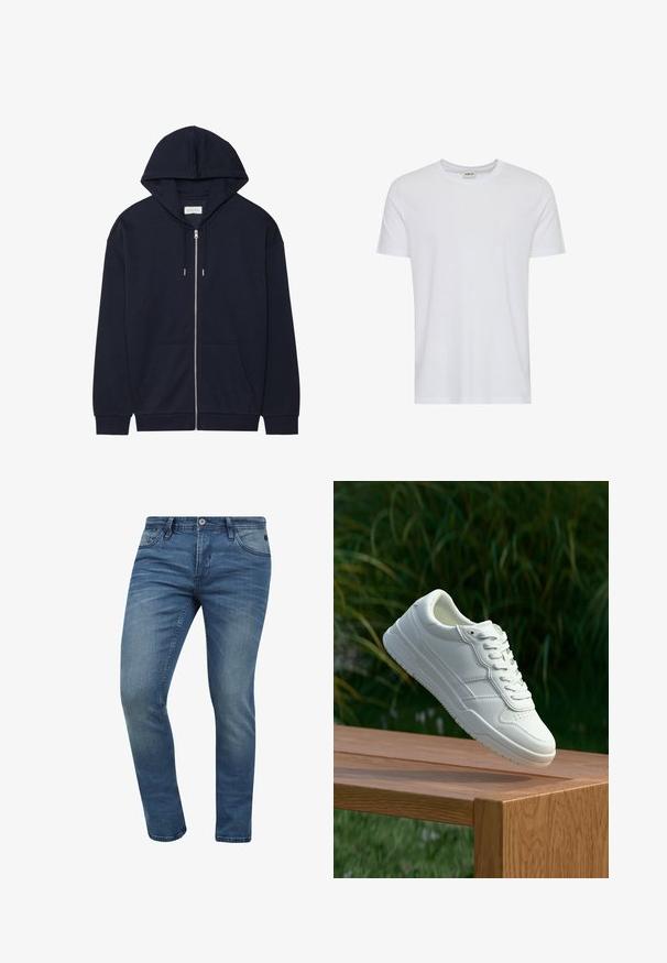 Ce sweat à capuche zippé bleu marine dispose d'une capuche avec cordon de serrage, de poches avant et de poignets côtelés. Fabriqué en tissu doux et texturé. Design simple.; T-shirt blanc uni à manches courtes et col rond, présenté sur fond blanc, avec une petite étiquette au col indiquant la marque « Solid ».; Jean en denim bleu slim fit avec un lavage décoloré, conception à cinq poches et fermeture à bouton en métal. Le tissu présente une légère texture et des détails de couture.; Baskets en cuir blanc avec une texture lisse, présentant un design perforé, un laçage classique et une semelle en caoutchouc, positionnées au-dessus d'une surface en bois.