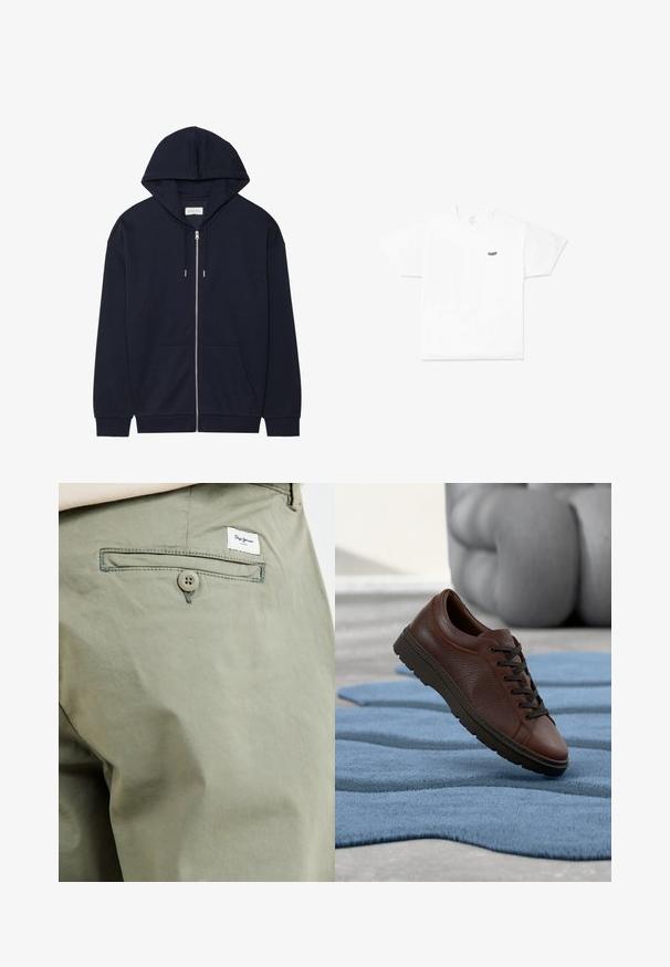 Navyblauwe zip-up hoodie met een trekkoord capuchon, voorzakken en rib geboorde manchetten. Gemaakt van zachte, gestructureerde stof. Eenvoudig design.; Witte katoenen T-shirt met een ronde hals, korte mouwen en een klein zwart logo op de linkervoorzijde. Zachte textuur en een relaxte pasvorm.; Licht olijfgroene katoenen broek met een achterzak, voorzien van een knoopsluiting en een klein merkembleem dat boven de zak is gestikt.; Bruine leren sneaker met een gestructureerde afwerking, ronde neus en donkere veters. Rubberen zool met een laag profiel. Geplaatst op een blauw tapijt.