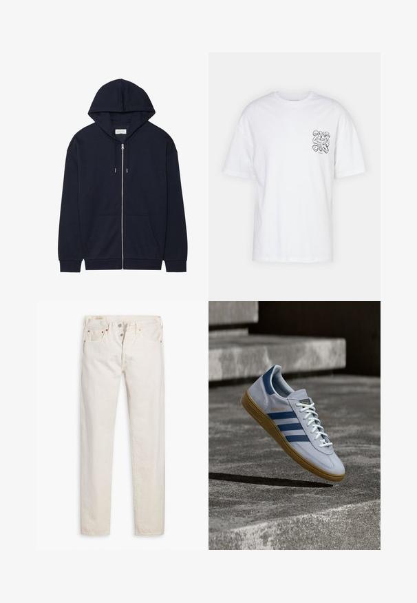 Marineblaues Zip-Hoodie mit Kordelzugkapuze, Taschen vorne und gerippten Bündchen. Hergestellt aus weichem, strukturiertem Stoff. Schlichtes Design.; Weißes Baumwoll-T-Shirt mit kurzen Ärmeln, das ein schwarzes abstraktes Grafikdesign im linken Brustbereich aufweist und eine lässige Passform hat.; Helle, hoch geschnittene Slim-Fit-Jeans in Off-White mit Knopfverschluss, fünf Taschen und kupferfarbenen Nieten, flach auf einem weißen Hintergrund gelegt.; Hellblauer Adidas Spezial Sneaker mit dunkelblauen Streifen und Gummisohle, in der Luft über Betontreppen in neutralem Außenbereich gezeigt.