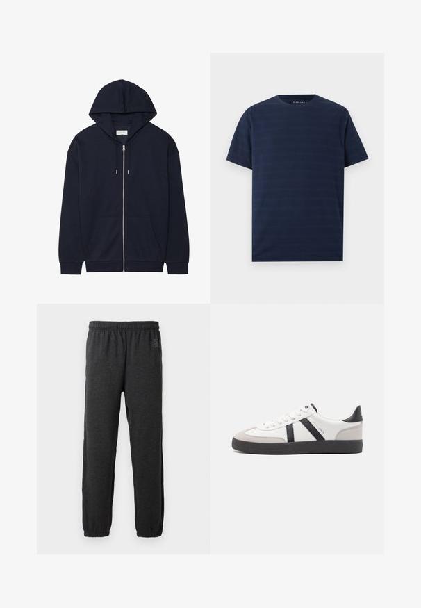 Sudadera con cremallera en azul marino que cuenta con capucha con cordón, bolsillos frontales y puños acanalados. Fabricada con un tejido suave y texturizado. Diseño sencillo.; Camiseta azul marino de manga corta y cuello redondo con sutiles rayas horizontales y tejido texturizado, mostrada sobre un fondo liso.; Pantalones de chándal grises hechos de una tela suave, con una cinturilla elástica y piernas ajustadas con puños elásticos. Detalle sutil del logo en una pierna.; Zapatilla blanca con acentos en negro y gris, que presenta una puntera texturizada en gris, suela de goma negra y cordones planos blancos. Diseño limpio, estilo minimalista.