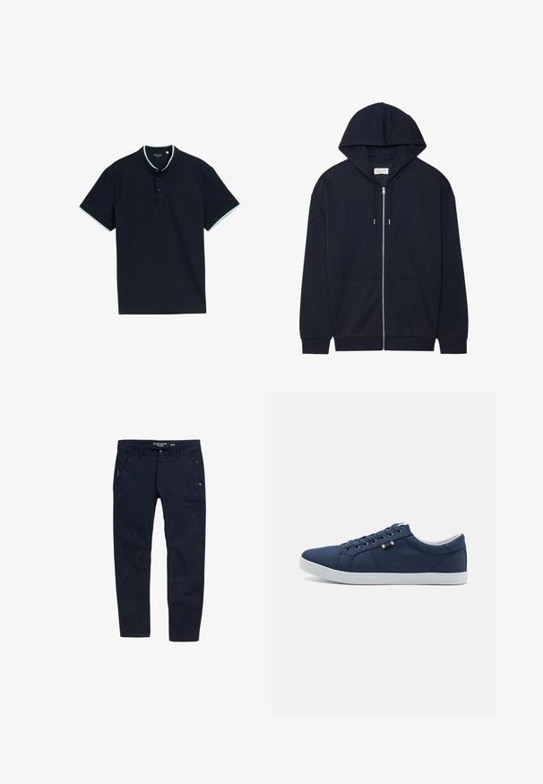Marineblaues Zip-Hoodie mit Kordelzugkapuze, Taschen vorne und gerippten Bündchen. Hergestellt aus weichem, strukturiertem Stoff. Schlichtes Design.; Marineblaues Poloshirt aus strukturiertem Stoff, mit Stehkragen, drei Knöpfen und hellblauen Akzenten am Kragen und den Ärmeln.; Marineblaue Baumwollhose mit geradem Schnitt. Verfügt über zwei Seitentaschen und einen Knopfverschluss. Minimalistisches Design mit dezenten Akzenten.; Marineblaue Leinenschuhe mit weißen Gummisohlen, runder Zehenpartie und sechs Paar Ösen für Schnürsenkel. Mit Logo-Etikett an der Seite.