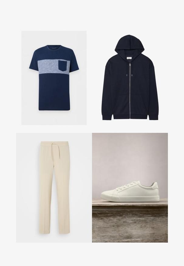 Ce sweat à capuche zippé bleu marine dispose d'une capuche avec cordon de serrage, de poches avant et de poignets côtelés. Fabriqué en tissu doux et texturé. Design simple.; T-shirt homme bleu marine à manches courtes avec une bande horizontale rayée bleu clair et blanc sur la poitrine et une poche poitrine unie bleu marine.; Pantalons beiges à taille élastique avec cordon de serrage. Comprend des jambes droites et une texture lisse, adaptés pour un usage décontracté ou pour se détendre.; Sneaker en dentelle blanche flottant au-dessus d'un banc en bois avec un feuillage vert en arrière-plan, mettant en valeur le design et la texture de la chaussure.