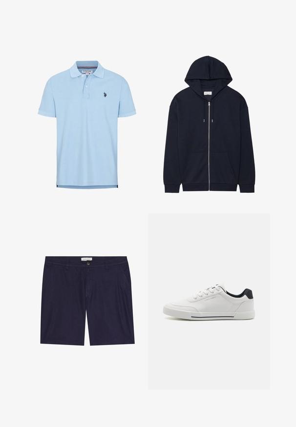 Navyblauwe zip-up hoodie met een trekkoord capuchon, voorzakken en rib geboorde manchetten. Gemaakt van zachte, gestructureerde stof. Eenvoudig design.; Lichtblauwe polo met korte mouwen van zachte katoen. Beschikt over een drieknops sluiting, kraag en geborduurd logo op de borst.; Marineblauwe shorts gemaakt van een katoenmix, met een knoopsluiting, twee zijzakken en een rechte voorkant.; Witte sneakers met een glad synthetisch bovenwerk, ronde neus, vetersluiting, marineblauwe accenten op de hiel en een gestructureerde rubberen zool met een zwarte streep.