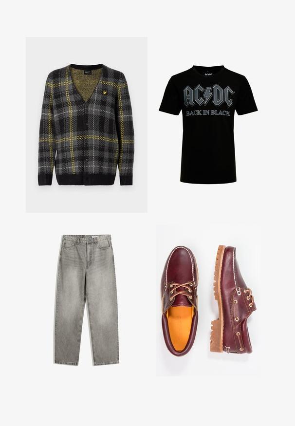 Schwarz-grauer karierter Cardigan mit gelben Akzenten, V-Ausschnitt, strukturiertem Strickstoff und fünf Knöpfen auf der Vorderseite. Kleines Logo auf der Brust.; Schwarzes Baumwoll-T-Shirt mit weißem "AC/DC"-Logo und einem Blitz sowie dem Text "BACK IN BLACK" in fetter Schrift. Kurze Ärmel.; Graue Denim-Hosen mit geradem Schnitt, ausgestattet mit Fronttaschen, einem Knopfverschluss und subtilen verblassten Texturen.; Bordeauxfarbene Lederschuhe mit braunen Gummisohlen, runder Zehenform, weißen Nähten und goldenen Ösen. Das Innenfutter weist eine gelbe Beschichtung auf.