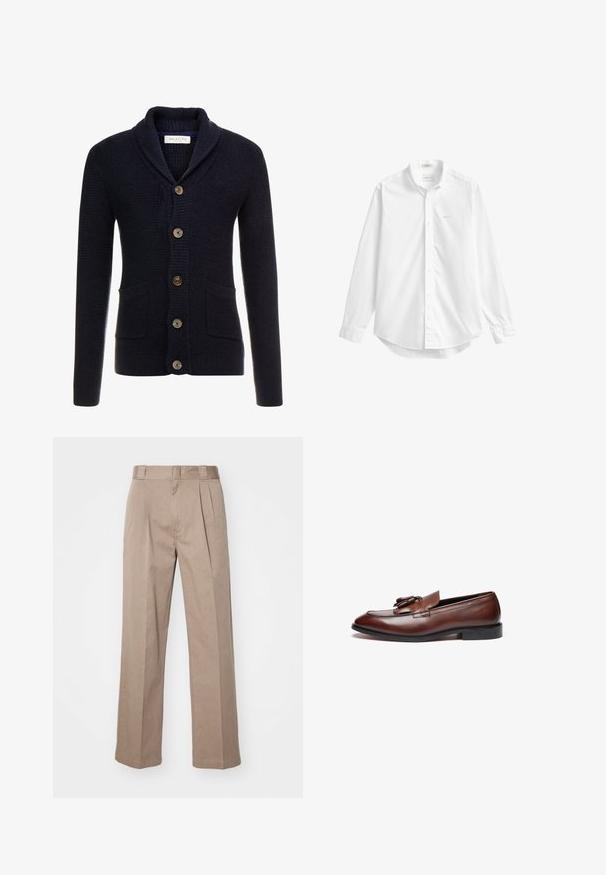 Cardigan tricoté bleu marine foncé avec un col châle, cinq boutons marron, deux poches avant et des poignets et un ourlet côtelés.; Chemise blanche à manches longues boutonnée avec un col, petit logo brodé sur la poitrine et ourlet arrondi.; Pantalons beiges taille haute avec une coupe large. Comprend deux plis à l'avant et une texture lisse. Longueur standard avec une finition soignée.; Mocassins en cuir marron avec une finition lisse, des franges décoratives, un bout arrondi et une semelle en caoutchouc noir basse.