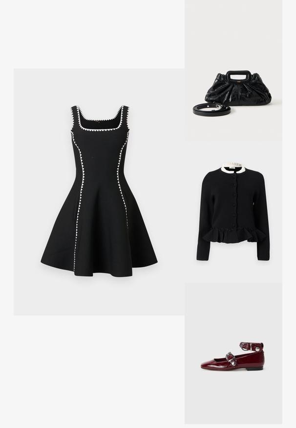 Cardigan noir boutonné avec ourlet à volants et détail de col blanc à volants visible au niveau de l'encolure, présenté sur un fond blanc.; Robe noire sans manches en ligne A avec encolure carrée, ornée d'un biais zigzag blanc le long de l'encolure, des côtés et des bretelles.; Ballerines en cuir verni bordeaux avec un bout pointu, une bride de cheville avec une boucle en argent et un petit talon. Texture lisse sur l'ensemble.; Petit sac à main en cuir noir avec texture froncée, poignée rectangulaire et fine bandoulière amovible placée à côté.