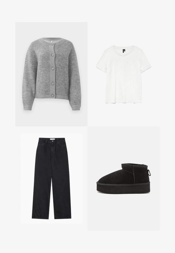 Lysegrå strikket cardigan med rund halsudskæring, lange ærmer, ribbede manchetter og kant, samt fem knapper foran.; Hvid kortærmet t-shirt med rund halsudskæring, lavet af letvægtsstof. Enkel design, glat tekstur og lige kant.; Sorte højtaljede bredbenede denimjeans med frontknap og lynlås, bæltestropper og fem-lomme stil.; Sorte ruskinds ankelstøvler med en rund tå, der har en forhøjet sål og en sidesløjfe for nem påtagning. Designet er enkelt med minimale detaljer.