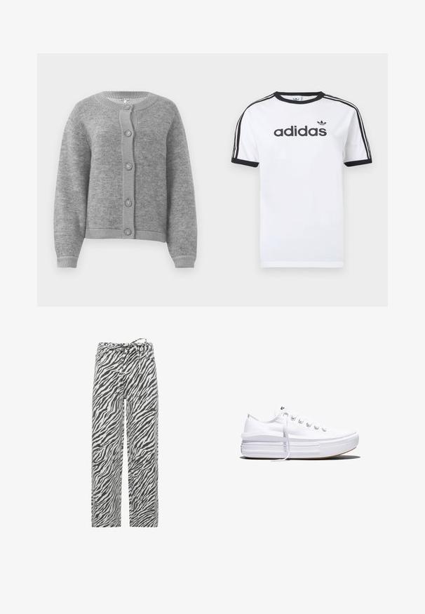 Hellgrauer gestrickter Cardigan mit runder Halslinie, langen Ärmeln, gerippten Bündchen und Saum sowie fünf vorderen Knöpfen.; Weißes Baumwoll-T-Shirt mit schwarzen Akzenten, verfügt über einen Rundhalsausschnitt, kurze Ärmel, drei schwarze Streifen auf den Schultern und das "adidas"-Logo in Schwarz.; Hose mit Zebramuster in Schwarz und Weiß, mit lockerer Passform, verstellbarem Bund und einem weichen, strukturierten Stoff.; Weißer Canvas-Sneaker mit niedrigem Schnitt, dicker Plateau-Sohle, vorderer Schnürung und rauer Gummikappe an der Spitze, aus seitlicher Ansicht gezeigt.