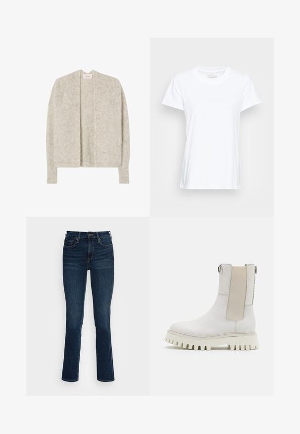 Cardigan gris clair à devant ouvert, avec une texture côtelée et des manches longues. Confectionné dans un matériau doux, avec une silhouette décontractée et sans fermetures.; T-shirt blanc à manches courtes en coton doux. Il présente un col rond et une coupe légèrement ample avec des fentes sur les côtés pour un confort accru.; Jeans en denim bleu foncé avec un design ajusté, taille haute, jambes droites et détails en métal cuivré. Texture lisse avec un minimum de décoloration.; Bronx GROOV-Y - Bottines à plateau - winter white