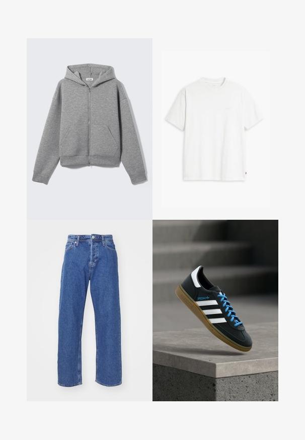 Lichtgrijze hoodie met ritssluiting, voorzakken en capuchon, plat uitgestald op een lichte achtergrond.; Wit katoenen T-shirt met korte mouwen, ronde hals en een subtiel "Levi's" logo in een lichte kleur op de voorkant gedrukt.; Blauwe denim jeans met een rechte pijp, voorzien van een knoop en rits, vijf zakken en minimale stikdetails.; Zwarte Adidas-sneaker met witte strepen, blauwe veters en een gumzool die boven een grijze betonnen trede zweeft in zacht licht.