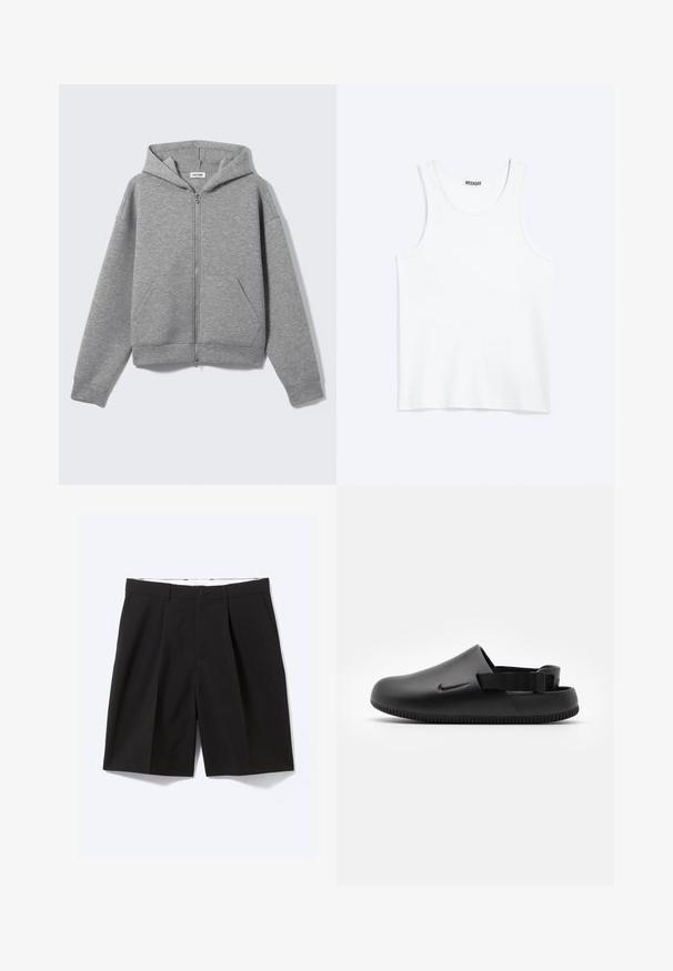 Lysegrå lynlåshoodie med forlommer og hætte, vist fladt på en lys baggrund.; Hvid ærmeløs tanktop med rund halsudskæring og Weekday-mærke på den indvendige baghals, vist fladt på lys baggrund.; Sorte skræddersyede knælange shorts med bæltestropper, sidelommer, knaplukning og forreste plisseringer, lagt fladt på en hvid baggrund.; Sorte formede klipklapper med en glat overflade, rygstrop for stabilitet og en ribbet sål for greb. Fungerer med et lille logo på siden.