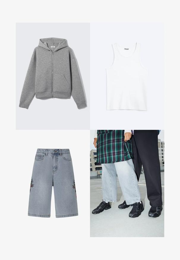 Lysegrå lynlåshoodie med forlommer og hætte, vist fladt på en lys baggrund.; Hvid ærmeløs tanktop med rund halsudskæring og Weekday-mærke på den indvendige baghals, vist fladt på lys baggrund.; Ed Hardy HELL CATS DIAMANTE JORTS - Denimshorts - bleach; Sorte atletik sko med mesh- og gummidetaljer. Båret med lysegrå vide jeans og en ternet grøn bluse. Flad overflade i baggrunden.