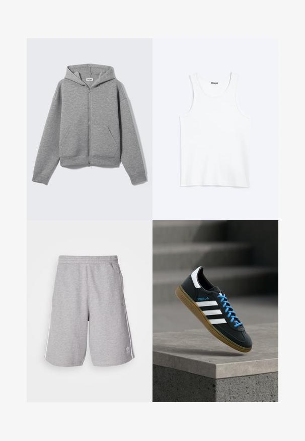 Lichtgrijze hoodie met ritssluiting, voorzakken en capuchon, plat uitgestald op een lichte achtergrond.; Wit mouwloos hemdje met ronde hals en Weekday-merklabel aan de binnenkant van de achterkraag, plat weergegeven op een lichte achtergrond.; Grijze sportshorts van katoenmix stof. Voorzien van zijzakken, een elastische tailleband en witte zijstrepen. Klassiek ontwerp.; Zwarte Adidas-sneaker met witte strepen, blauwe veters en een gumzool die boven een grijze betonnen trede zweeft in zacht licht.