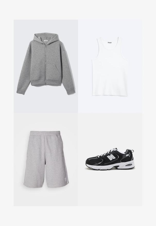 Lysegrå lynlåshoodie med forlommer og hætte, vist fladt på en lys baggrund.; Hvid ærmeløs tanktop med rund halsudskæring og Weekday-mærke på den indvendige baghals, vist fladt på lys baggrund.; Grå sportshorts lavet af en blanding af bomuldsstof. Har sidelommer, elastisk talje og hvide sidestriber. Klassisk design.; Sorte og grå sportssko med mesh og ruskind på overdelen, der har en hvid mellemsål, snørebånd og et iøjnefaldende "N" logo på siden.