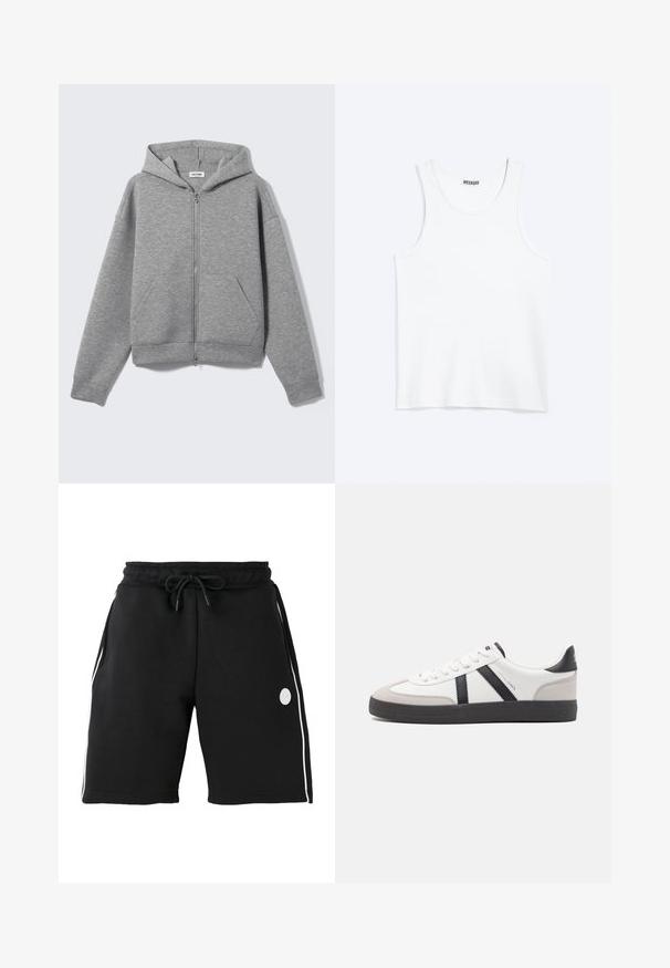 Sudadera con capucha y cremallera en gris claro, con bolsillos delanteros, mostrada extendida sobre un fondo claro.; Camiseta sin mangas blanca con cuello redondo y etiqueta de la marca Weekday en el interior del cuello trasero, mostrada plana sobre un fondo claro.; Pantalones cortos negros hasta la rodilla con cintura elástica y cordón, rayas blancas verticales en los lados y pequeño logo redondo en el muslo izquierdo.; Zapatilla blanca con acentos en negro y gris, que presenta una puntera texturizada en gris, suela de goma negra y cordones planos blancos. Diseño limpio, estilo minimalista.