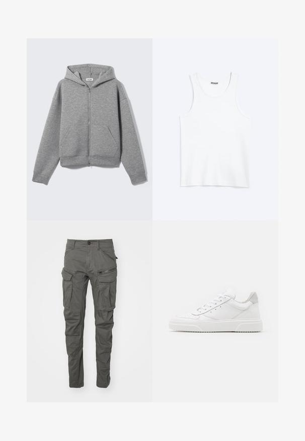 Sudadera con capucha y cremallera en gris claro, con bolsillos delanteros, mostrada extendida sobre un fondo claro.; Camiseta sin mangas blanca con cuello redondo y etiqueta de la marca Weekday en el interior del cuello trasero, mostrada plana sobre un fondo claro.; Pantalones cargo grises hechos de tejido duradero, que cuentan con múltiples bolsillos, detalles con cremallera, cierre botón y un diseño de pierna ajustada.; Zapatillas de cuero blanca con un acabado suave, punta redondeada, cordones planos y una suela texturada. Acento de ante gris en el talón.