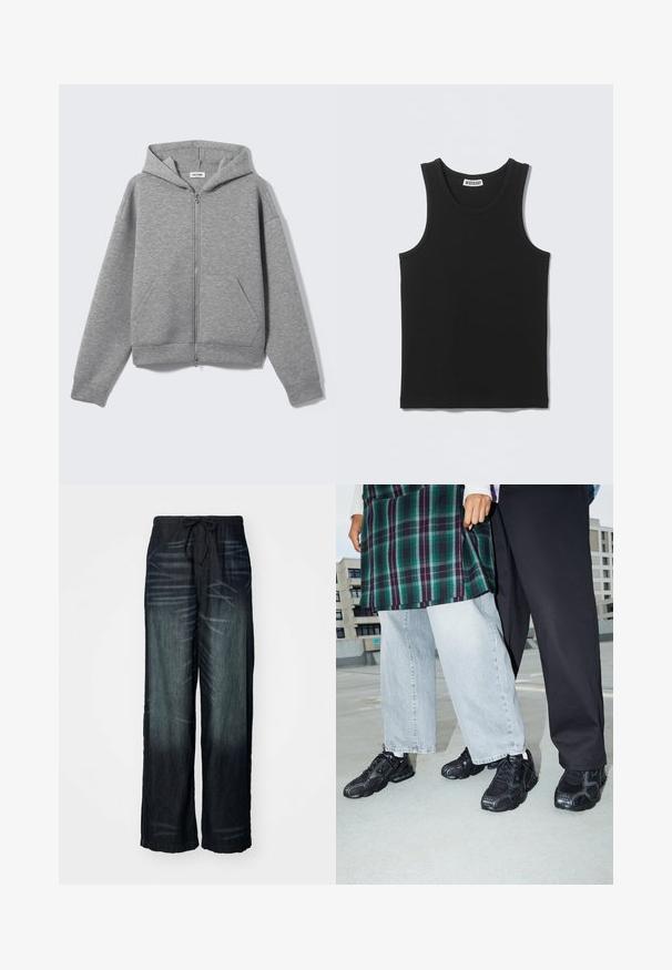 Hellgrauer Kapuzenpullover mit Reißverschluss, vorderen Taschen und Kapuze, flach auf hellem Hintergrund präsentiert.; Schwarzes ärmelloses, geripptes Tanktop mit rundem Ausschnitt und Weekday-Markenlabel auf der Innenseite des Rückkragens.; Weite Jeans mit allmählichem Farbverlauf in dunklem Denim. Verfügt über einen elastischen Bund mit Kordelzug. Glatte Textur mit dezenten Abnutzungsspuren.; Schwarze Sportschuhe mit Mesh- und Gummielementen. Kombiniert mit hellgrauen weiten Jeans und einem karierten grünen Oberteil. Flacher Hintergrund.