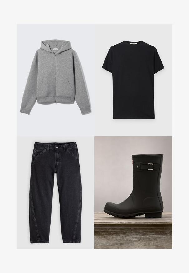 Hellgrauer Kapuzenpullover mit Reißverschluss, vorderen Taschen und Kapuze, flach auf hellem Hintergrund präsentiert.; Schwarzes T-Shirt mit kurzen Ärmeln aus weichem Baumwollstoff. Rundhalsausschnitt mit lockerer Passform, das saubere, einfache Linien aufweist und keine sichtbaren Muster hat.; Schwarze Jeans aus Denim mit lockerem Schnitt, ausgestattet mit einem normalen Bund, einem Fünf-Taschen-Design und Kontrastnähten entlang der Nähte.; Schwarze Gummiregenstiefel mit niedrigem Absatz, runder Spitze und einem silbernen Schnallenakzent. Verfügt über eine strukturierte Sohle für besseren Halt.