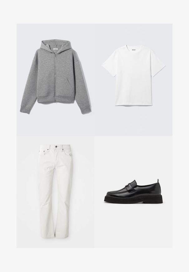 Hellgrauer Kapuzenpullover mit Reißverschluss, vorderen Taschen und Kapuze, flach auf hellem Hintergrund präsentiert.; Weißes T-Shirt mit kurzen Ärmeln und Rundhalsausschnitt, flach liegend, schlichtes Design, mit „WEEKDAY“-Etikett innen im Kragen auf hellem Hintergrund.; Helle Jeans aus Baumwollmischung. Gerades Bein-Design mit Fünf-Taschen-Stil und Metallknopfverschluss. Glatte Textur.; Schwarze Leder Slipper mit flacher, strukturiertem Sohlen, mit einer gestickten Zehenpartie und einem Riemen über dem Spann.