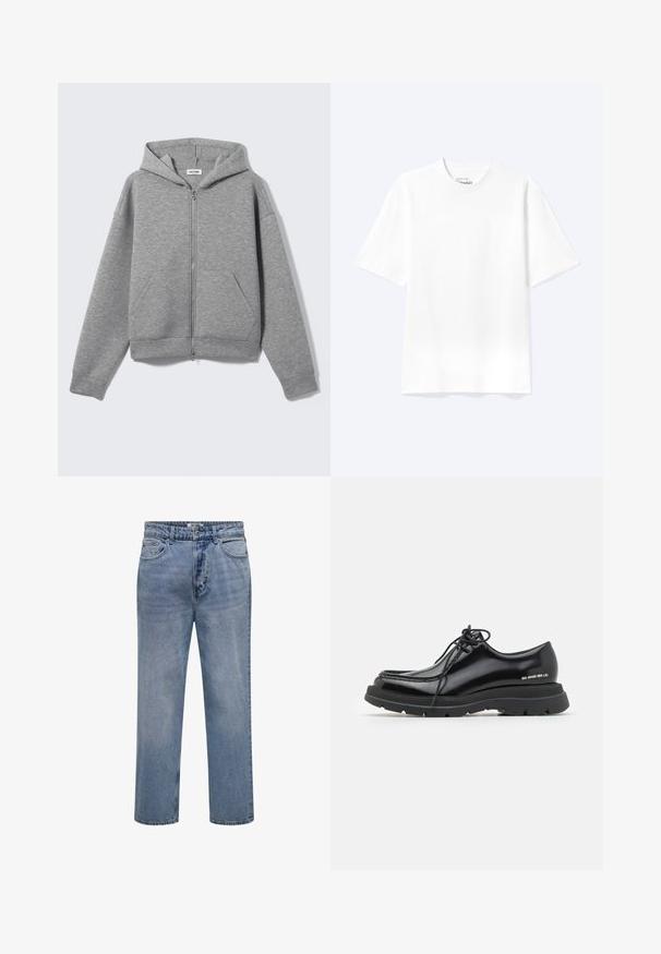Lichtgrijze hoodie met ritssluiting, voorzakken en capuchon, plat uitgestald op een lichte achtergrond.; Effen witte T-shirt met korte mouwen en ronde hals, met een losse pasvorm, weergegeven op een lichte achtergrond.; Lichtblauwe straight-leg spijkerbroek met knoop- en ritssluiting en voor- en achterzakken.; Zwarte leren nette schoen met een ronde neus, dikke rubberen zool, vetersluiting en opvallende stiksels langs de rand.