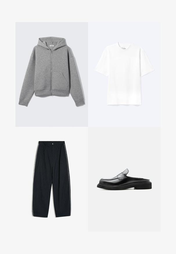 Sweat à capuche zippé gris clair avec poches avant et capuche, présenté à plat sur un fond clair.; T-shirt blanc uni à manches courtes et col rond avec une coupe décontractée, présenté sur un fond clair.; Pantalon large à fines rayures noires avec bandes blanches sur les côtés et fermeture par bouton à la taille.; Mocassin en cuir noir avec talon ouvert, talon bas et coutures décoratives le long de la tige et de la semelle, présenté en profil latéral sur fond blanc.