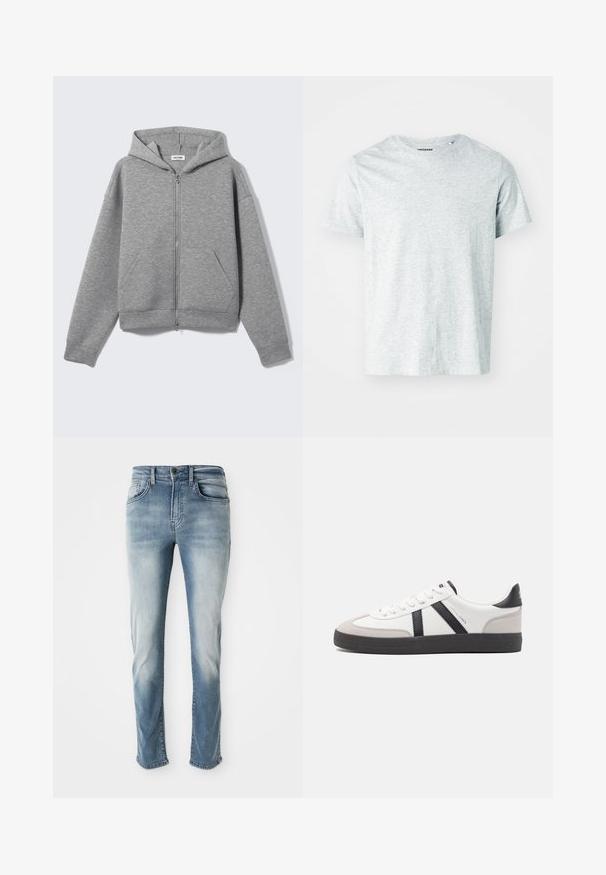 Sweat à capuche zippé gris clair avec poches avant et capuche, présenté à plat sur un fond clair.; T-shirt gris clair à manches courtes en tissu doux, avec un col rond et une coupe légèrement décontractée. Aucun motif ou graphique visible.; Jeans en denim bleu clair avec un design classique à cinq poches, une décoloration subtile et une coupe droite. Comprend une fermeture à bouton et des passants de ceinture.; Baskets blanches avec des accents noirs et gris, présentant un embout texturé gris, une semelle en caoutchouc noir et des lacets plats blancs. Design épuré, style minimaliste.