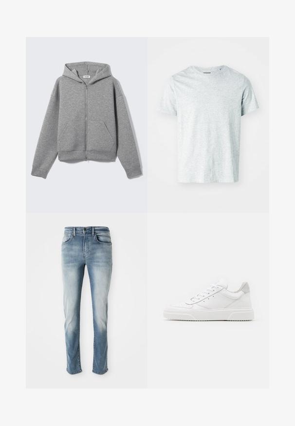 Sweat à capuche zippé gris clair avec poches avant et capuche, présenté à plat sur un fond clair.; T-shirt gris clair à manches courtes en tissu doux, avec un col rond et une coupe légèrement décontractée. Aucun motif ou graphique visible.; Jeans en denim bleu clair avec un design classique à cinq poches, une décoloration subtile et une coupe droite. Comprend une fermeture à bouton et des passants de ceinture.; Des baskets en cuir blanc avec une finition lisse, un bout rond, des lacets plats et une semelle texturée. Accents en daim gris au niveau du talon.