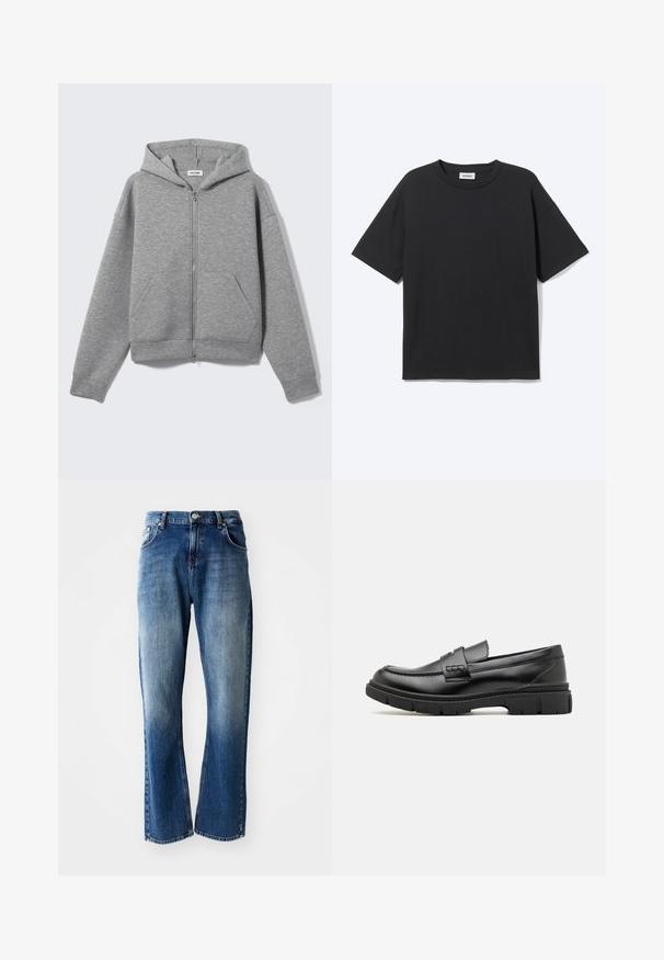 Sweat à capuche zippé gris clair avec poches avant et capuche, présenté à plat sur un fond clair.; T-shirt noir à manches courtes avec col rond, coupe décontractée, vue de face, design uni et étiquette de la marque Weekday visible à l’intérieur du col.; Jean en denim à coupe droite, délavage bleu clair et foncé avec des zones usées, cinq poches et une fermeture à bouton.; Mocassin en cuir noir avec une large sangle sur le devant, semelle en caoutchouc à épaisse rainure, et texture lisse. Design classique et élégant.