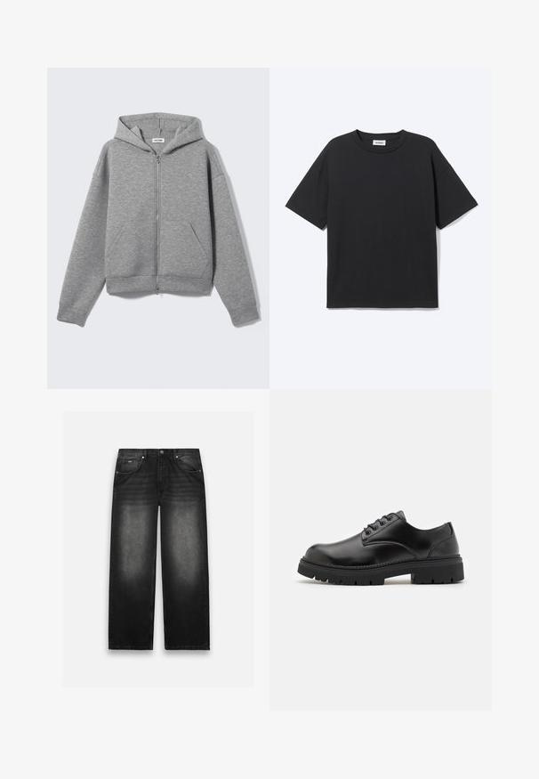 Lysegrå lynlåshoodie med forlommer og hætte, vist fladt på en lys baggrund.; Sort T-shirt med korte ærmer og rund hals med afslappet pasform, forfra, ensfarvet design og synligt Weekday-mærke inde i kraven.; Sorte denim jeans med bred bendesign. Har fem lommer, let falmning og solid syning. Knaphul- og lynlås-lukning.; Sorte lædersko med rund tå, snørelukning og en tykk, struktureret gummisål. Har syninger langs kanten og en glat overflade.