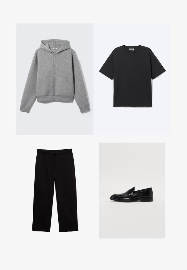 Sweat à capuche zippé gris clair avec poches avant et capuche, présenté à plat sur un fond clair.; T-shirt noir à manches courtes avec col rond, coupe décontractée, vue de face, design uni et étiquette de la marque Weekday visible à l’intérieur du col.; Pantalons de survêtement noirs en tissu doux, avec une taille élastique et un cordon de serrage, deux poches latérales et une coupe décontractée.; Mocassin en cuir noir avec une pointe arrondie, des coutures discrètes et une finition lisse. Doté d'un talon bas empilé et d'une sangle sur le cou-de-pied.