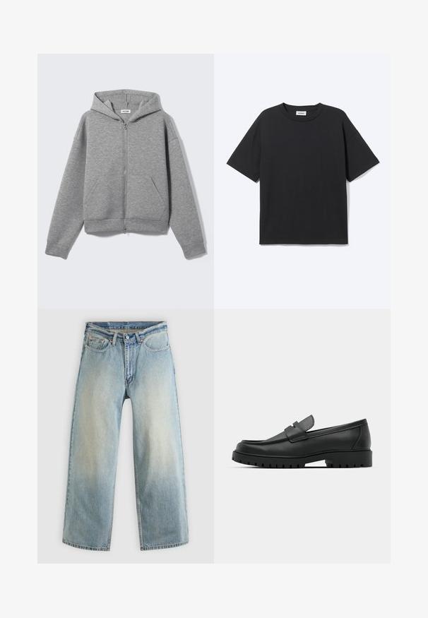 Sweat à capuche zippé gris clair avec poches avant et capuche, présenté à plat sur un fond clair.; T-shirt noir à manches courtes avec col rond, coupe décontractée, vue de face, design uni et étiquette de la marque Weekday visible à l’intérieur du col.; Jean denim bleu clair à jambes larges avec une finition délavée. Comprend un design standard à cinq poches et une fermeture à bouton métallique.; Mocassins en cuir noir à bout arrondi, avec un design cousu, une semelle plateforme basse et une semelle en caoutchouc texturée et crantée.