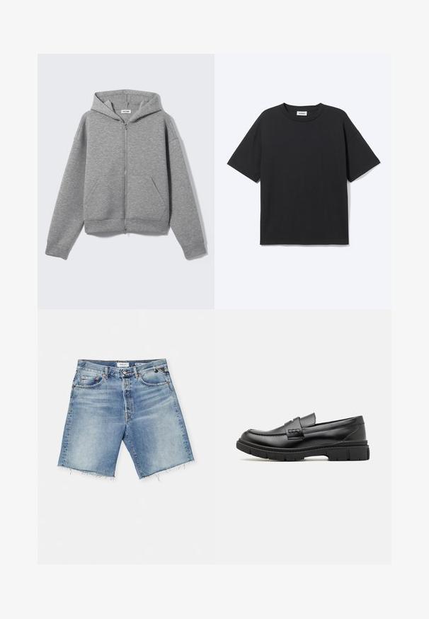 Sweat à capuche zippé gris clair avec poches avant et capuche, présenté à plat sur un fond clair.; T-shirt noir à manches courtes avec col rond, coupe décontractée, vue de face, design uni et étiquette de la marque Weekday visible à l’intérieur du col.; Shorts en denim bleu clair avec un ourlet effiloché, cinq poches, fermeture à bouton et passants de ceinture. Fabriqués en coton, présentant un lavage délavé.; Mocassin en cuir noir avec une large sangle sur le devant, semelle en caoutchouc à épaisse rainure, et texture lisse. Design classique et élégant.