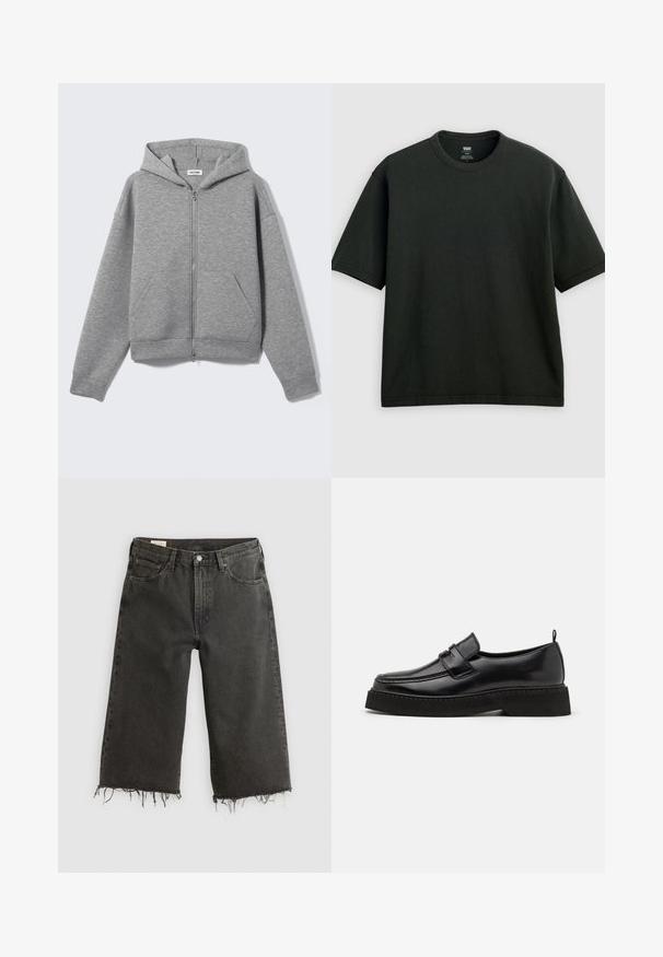 Lysegrå lynlåshoodie med forlommer og hætte, vist fladt på en lys baggrund.; Sort T-shirt med korte ærmer og rund hals, løstsiddende pasform, vist fladt på en lys grå baggrund.; Sorte jeans med rå kant og vid ben, lavet af denim, og med fem lommer samt metalknaplukning. Texturen er en smule grov.; Sorte læder loafersko i stil med flad, tekstureret sål, med en syet tå og en rem over vristen.