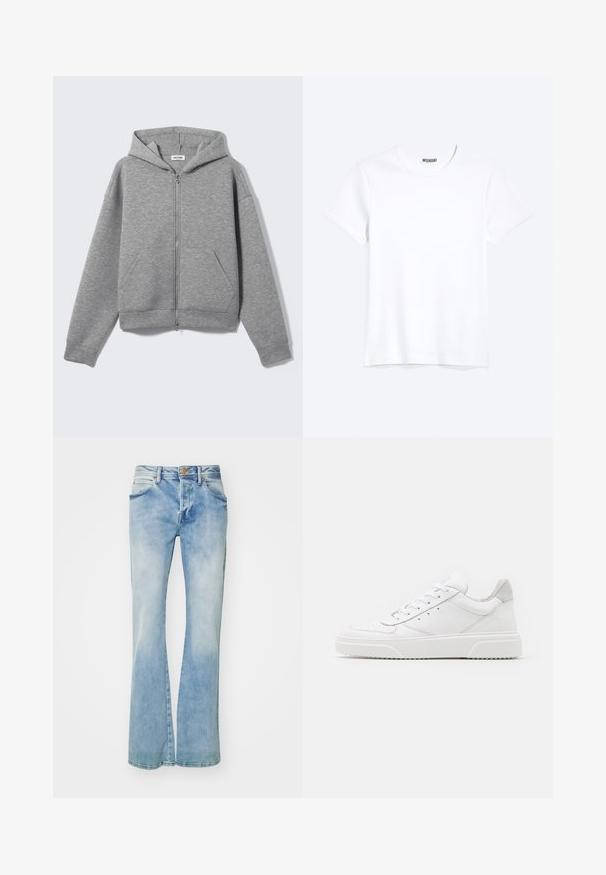 Sweat à capuche zippé gris clair avec poches avant et capuche, présenté à plat sur un fond clair.; T-shirt blanc uni à manches courtes et col rond avec une étiquette de la marque WEEKDAY visible au niveau du col, présenté sur un fond clair.; Jean flare bleu clair en denim, présentant un délavage, des poches avant, des passants de ceinture et une fermeture à bouton en cuivre.; Des baskets en cuir blanc avec une finition lisse, un bout rond, des lacets plats et une semelle texturée. Accents en daim gris au niveau du talon.