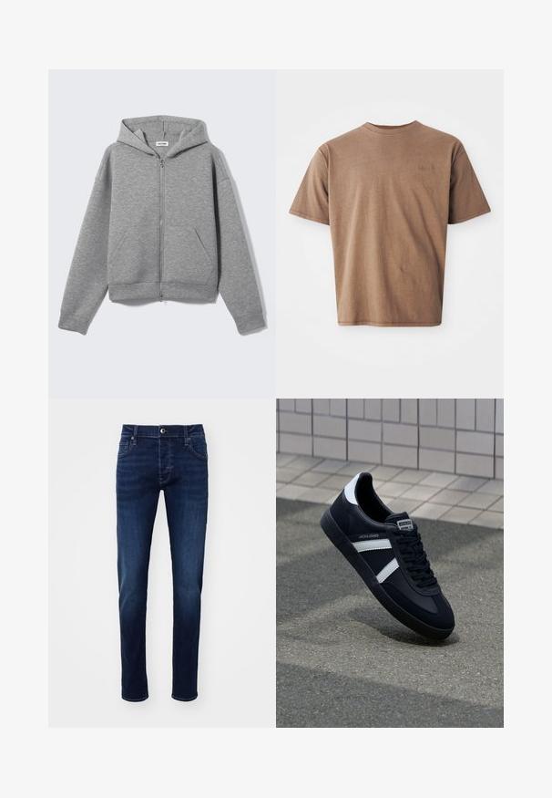Lichtgrijze hoodie met ritssluiting, voorzakken en capuchon, plat uitgestald op een lichte achtergrond.; Bruine katoenen t-shirt met ronde hals, korte mouwen en een discreet geborduurd logo op de linkerborst. Soepele structuur, relaxte pasvorm.; Donkerblauwe slim-fit spijkerbroek met knoop aan de voorkant, zakken, riemlussen en subtiele vervaging details op de benen.; Zwarte leren sneaker met witte strepen, een gestructureerde rubberen zool en vetersluiting aan de voorkant. Voorzien van een merklabel op de tong.