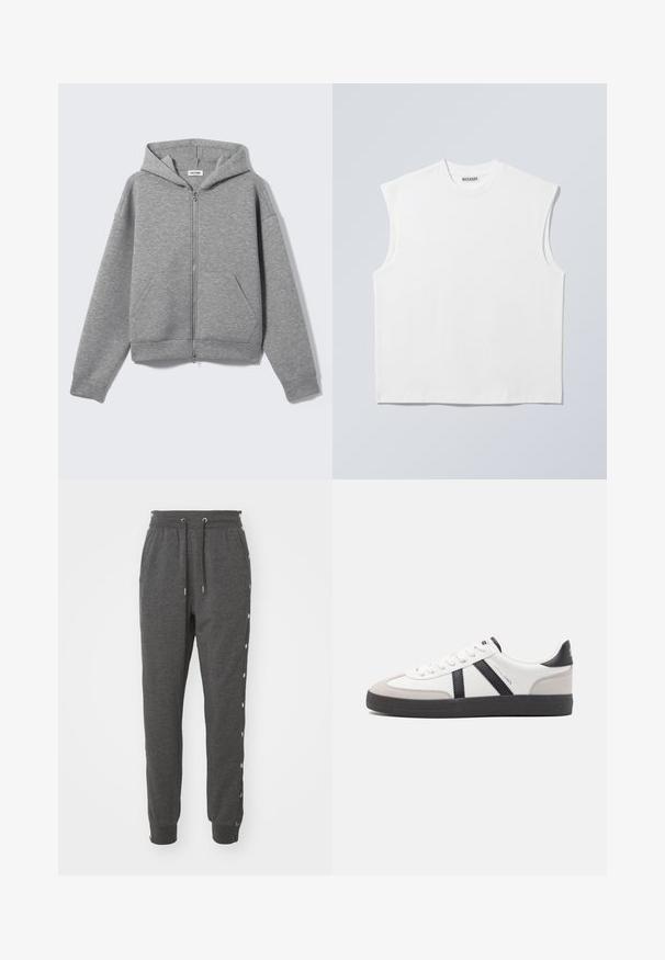 Sweat à capuche zippé gris clair avec poches avant et capuche, présenté à plat sur un fond clair.; Haut blanc sans manches en coton à col rond avec épaules structurées, marqué "WEEKDAY" sur l'étiquette du col, présenté sur un fond gris clair.; Pantalon de survêtement gris en tissu doux, avec une taille élastique à cordon de serrage, des poignets aux chevilles et des boutons-pression sur les côtés pour un accès facile.; Baskets blanches avec des accents noirs et gris, présentant un embout texturé gris, une semelle en caoutchouc noir et des lacets plats blancs. Design épuré, style minimaliste.