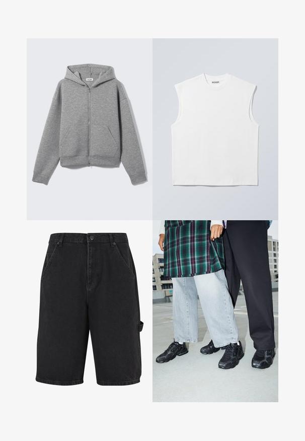 Hellgrauer Kapuzenpullover mit Reißverschluss, vorderen Taschen und Kapuze, flach auf hellem Hintergrund präsentiert.; Weißes ärmelloses Baumwolltop mit Rundhalsausschnitt und strukturierten Schultern, mit "WEEKDAY" auf dem Kragenetikett versehen, vor hellgrauem Hintergrund dargestellt.; Schwarze Denim-Shorts mit lockerer Passform, Fronttaschen und seitlicher Akzenttasche. Der Stoff hat eine subtile Textur und eine robuste Verarbeitung.; Schwarze Sportschuhe mit Mesh- und Gummielementen. Kombiniert mit hellgrauen weiten Jeans und einem karierten grünen Oberteil. Flacher Hintergrund.