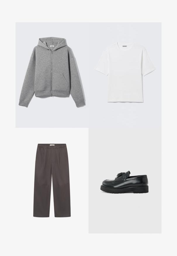 Lysegrå lynlåshoodie med forlommer og hætte, vist fladt på en lys baggrund.; Hvid, kortærmet t-shirt med rund hals og et lille "WEEKDAY"-mærke på indersiden af bagkraven, vist på en flad overflade.; Grå, vide bukser lavet af glat stof, med knaplukning og to sidelommer. Simpelt, rent design uden synlige mønstre.; Sort læderloafer med kvaster, tyk gummisål og lav hæl, vist i sideprofil på en ensfarvet baggrund.