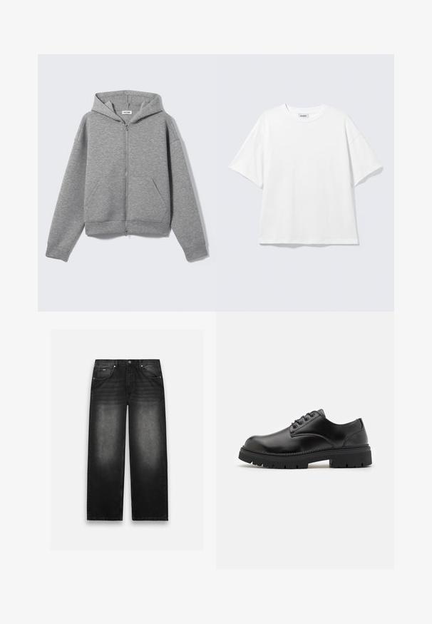 Lysegrå lynlåshoodie med forlommer og hætte, vist fladt på en lys baggrund.; Hvid oversized t-shirt med korte ærmer og rund halsudskæring med sænkede skuldre, fladt lagt på lys grå baggrund.; Sorte denim jeans med bred bendesign. Har fem lommer, let falmning og solid syning. Knaphul- og lynlås-lukning.; Sorte lædersko med rund tå, snørelukning og en tykk, struktureret gummisål. Har syninger langs kanten og en glat overflade.