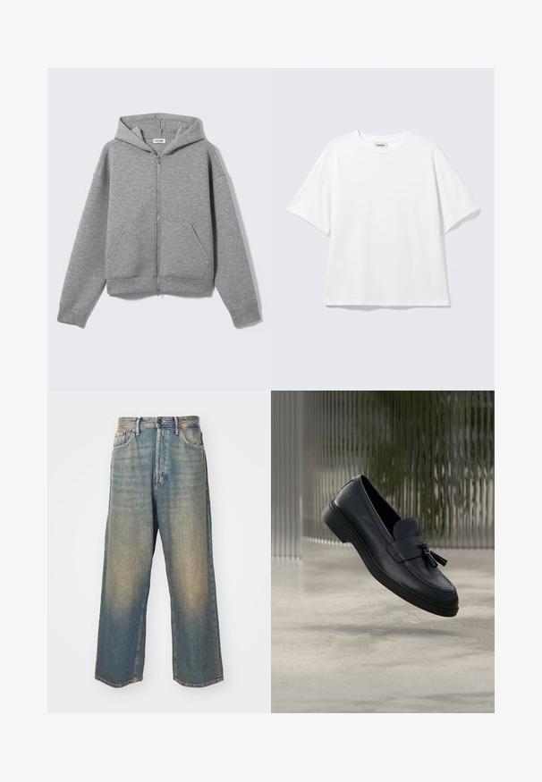 Lysegrå lynlåshoodie med forlommer og hætte, vist fladt på en lys baggrund.; Hvid oversized t-shirt med korte ærmer og rund halsudskæring med sænkede skuldre, fladt lagt på lys grå baggrund.; Høj talje, lige ben, falmede blå denimjeans med forlommer og knaplukning på en lys baggrund.; Sorte læderloafers med en glat tekstur, en rundet tå og dekorative kvaster foran. Fleksibel gummisål med lav hæl.