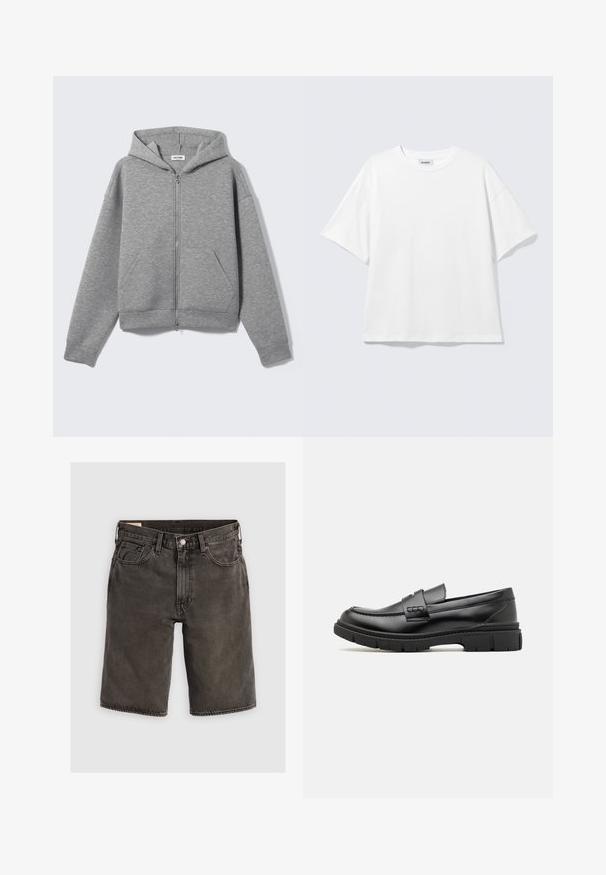 Lysegrå lynlåshoodie med forlommer og hætte, vist fladt på en lys baggrund.; Hvid oversized t-shirt med korte ærmer og rund halsudskæring med sænkede skuldre, fladt lagt på lys grå baggrund.; Mørkegrå denimshorts med normal pasform, der har fem lommer, knaplukning og en struktureret talje. Blød tekstur, rent design.; Sort læder loafersko med en bred rem over forfoden, gummisål med tykke mønstre og glat overflade. Klassisk, slankt design.