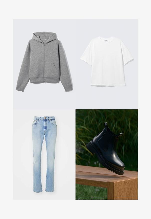 Hellgrauer Kapuzenpullover mit Reißverschluss, vorderen Taschen und Kapuze, flach auf hellem Hintergrund präsentiert.; Weißes oversized T-Shirt mit kurzen Ärmeln und Rundhalsausschnitt mit eingesetzten Schultern, flach auf hellgrauem Hintergrund.; Hellblaue Denim-Jeans mit geradem Schnitt, fünf Taschen, Knopfverschluss und subtiler Ausbleichung an den Oberschenkeln und dem Saum.; Schwarze Leder-Chelsea-Stiefel mit abgerundetem Zehenbereich, dicker Gummisohle und seitlichen elastischen Einsätzen, auf einer Holzoberfläche mit grünem Hintergrund präsentiert.