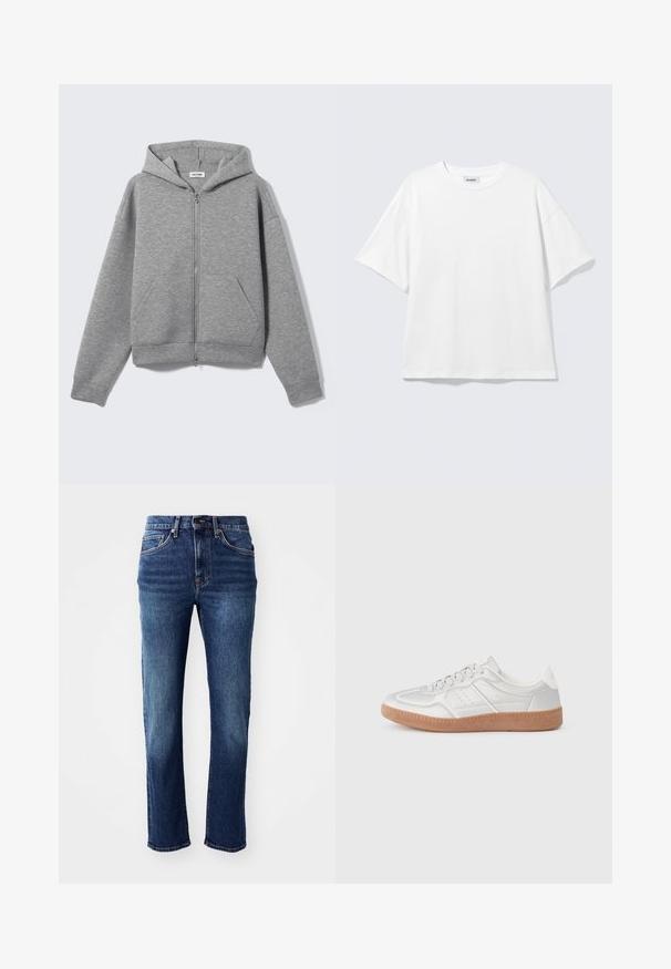 Sweat à capuche zippé gris clair avec poches avant et capuche, présenté à plat sur un fond clair.; T-shirt blanc oversize à manches courtes, col rond, épaules tombantes, posé à plat sur fond gris clair.; Jean en denim bleu foncé avec une coupe droite, cinq poches et des accessoires en ton cuivré. Présente une légère décoloration sur les cuisses.; Baskets argentées avec une texture lisse, un design à lacets, des accents perforés et une semelle en caoutchouc marron texturé.