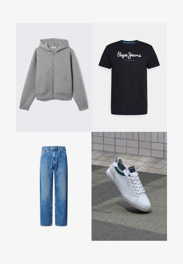 Helehall hall tõmblukuga kapuutsiga pusa esitaskute ja kapuutsiga, laotatuna heledal taustal.; Mustvalge puuvillane T-särk, millel on valge script logo "Pepe Jeans" sinise aktsendiga, ümar kaelus ja lühikesed varrukad. Lihtne, ühtlane disain.; Heledad sinine teksased kõrge taljega, laia säärega lõikega ja kaldu õmblusega. Omab viit taskut ja nööbiga sulgemist.; Valged nahkad sneakers roheline ja beežide aktsentidega, millel on tekstureeritud tallad, ümar nina ja klassikaline nööpide seadmine.