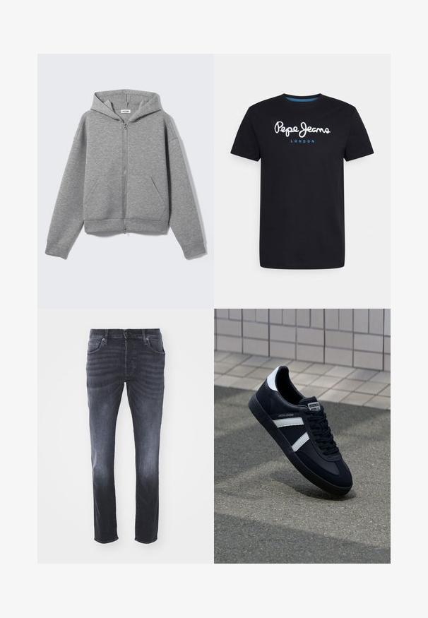 Svetlosivá mikina so zipsom, prednými vreckami a kapucňou, zobrazená na svetlom pozadí.; Čierne bavlnené tričko s bielym skriptovým logom "Pepe Jeans" s modrým akcentom, okrúhly výstrih a krátke rukávy. Jednoduchý, jednoliaty dizajn.; Tmavošedivé džínsy s klasickým rovný strihom, ktorý obsahuje predné vrecká, zips s gombíkovým uzáverom a jemné vyblednutie.; Čierne kožené tenisky s bielymi pruhmi, textúrovanou gumovou podrážkou a šnurovaním vpredu. Obsahujú označenie značky na jazyku.