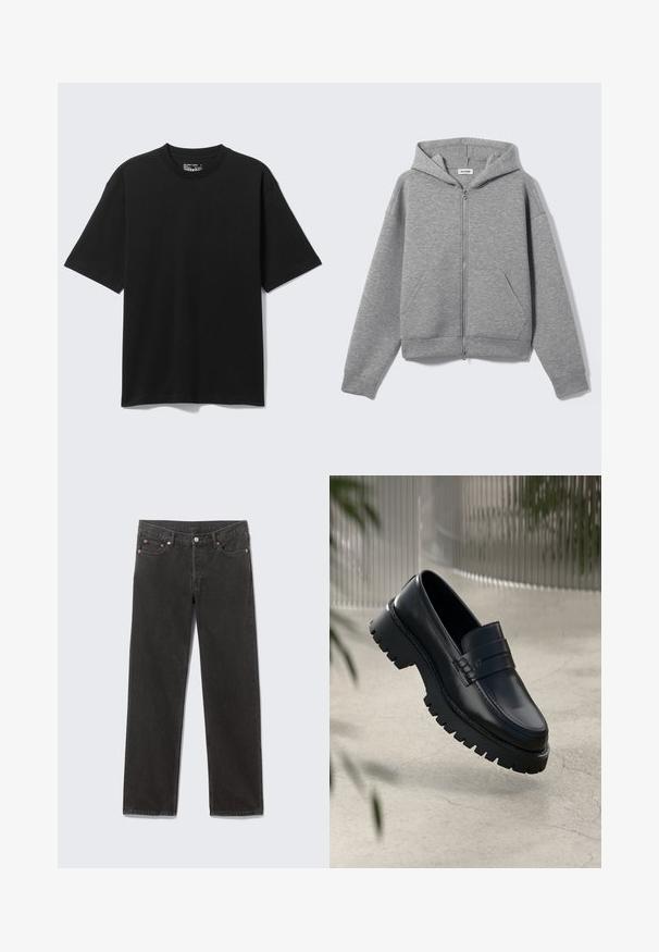 Lichtgrijze hoodie met ritssluiting, voorzakken en capuchon, plat uitgestald op een lichte achtergrond.; Zwart katoenen T-shirt met korte mouwen en een losse pasvorm, met ronde hals, afgebeeld tegen een effen lichte achtergrond.; Zwarte denim jeans met rechte pijpen, voorzakken, riemlussen en knoopsluiting, plat gelegd op een grijze achtergrond.; Zwarte leren instappers met een chunky loopzool, voorzien van een decoratieve band en stikseldetails. Gladde textuur met een gepolijste afwerking.