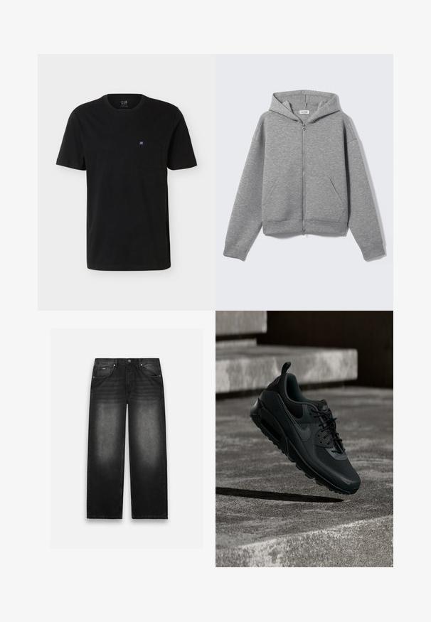 Lysegrå lynlåshoodie med forlommer og hætte, vist fladt på en lys baggrund.; Sort T-shirt med korte ærmer og rund hals med brystlomme, der har et lille blå-hvidt GAP-logo.; Sorte denim jeans med bred bendesign. Har fem lommer, let falmning og solid syning. Knaphul- og lynlås-lukning.; Sort Nike Air Max sneaker svævende midt i luften over en tekstureret betonbund med betontrapper i baggrunden.