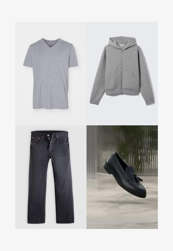Hellgrauer Kapuzenpullover mit Reißverschluss, vorderen Taschen und Kapuze, flach auf hellem Hintergrund präsentiert.; Graues Baumwoll-T-shirt mit V-Ausschnitt, kurzen Ärmeln und lockerem Schnitt. Weicher, leichter Stoff ohne sichtbare Muster oder Verzierungen.; Schwarze Jeans aus Denim mit geradem Schnitt, Fünf-Taschen-Design und kupferfarbenen Knopfakzenten. Glatte Textur mit leicht verblasstem Finish.; Schwarze Leder-Loafer mit glatter Textur, gerundeter Zehenpartie und dekorativen Quasten vorne. Flexible Gummisohle mit niedrigem Absatz.